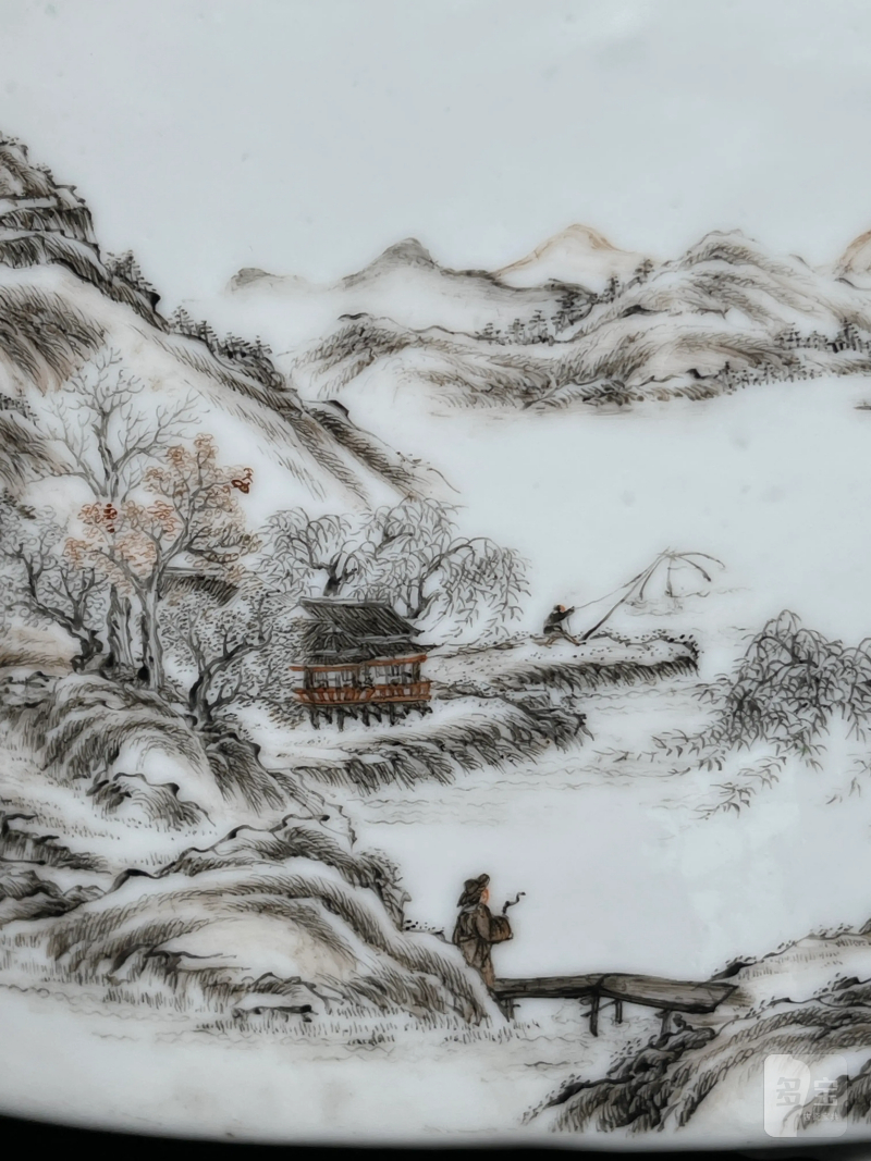 民国 墨彩山水纹花盆一对 - 图18